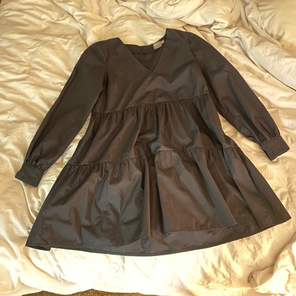 Asos black poplin tiered mini dress